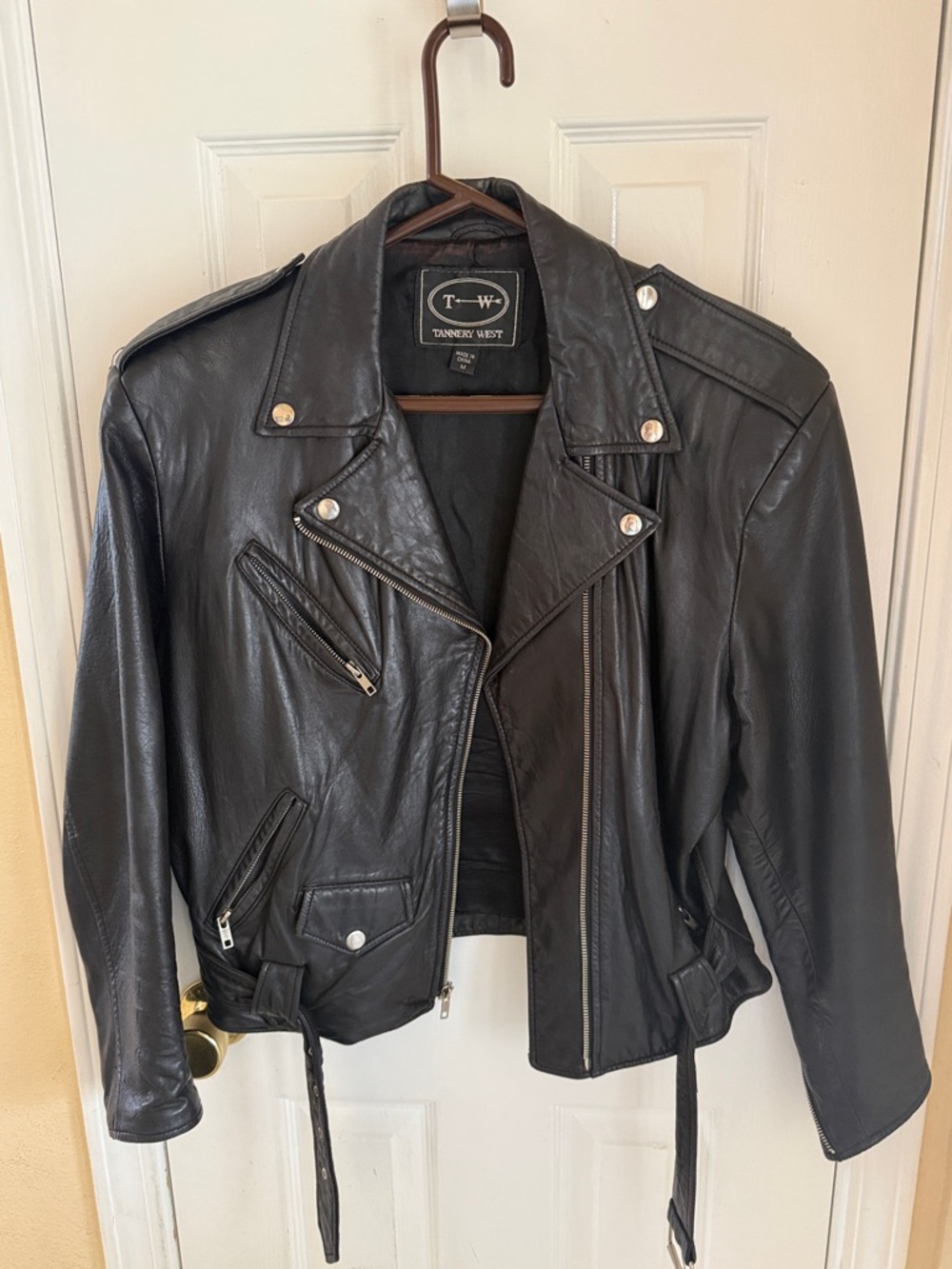 Tannery West Black Leather Biker Jacket with Silver Hardware